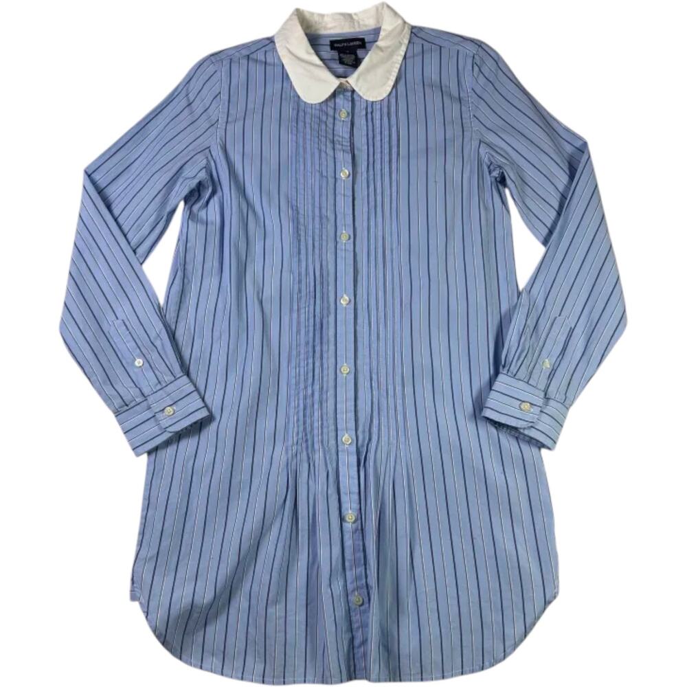 Ralph Lauren Blue Striped Blouse Girl's 16 Peter Pan Collar Long Sleeve Button